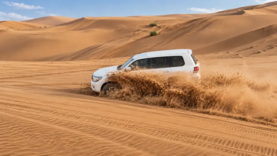 A white 4x4 crossing the dunes
