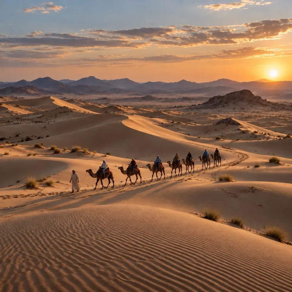 A camel caravan crossing the dunes at sunset