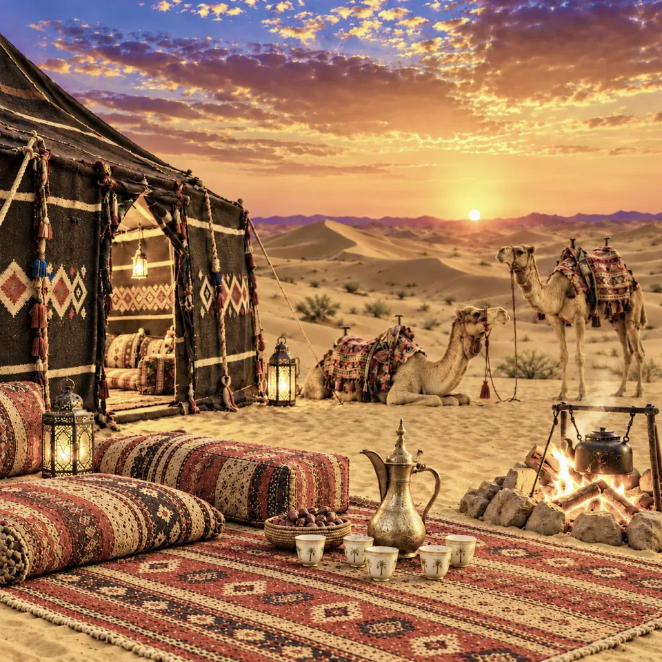 A Bedouin tent with Omani coffee, dates and camels at sunset