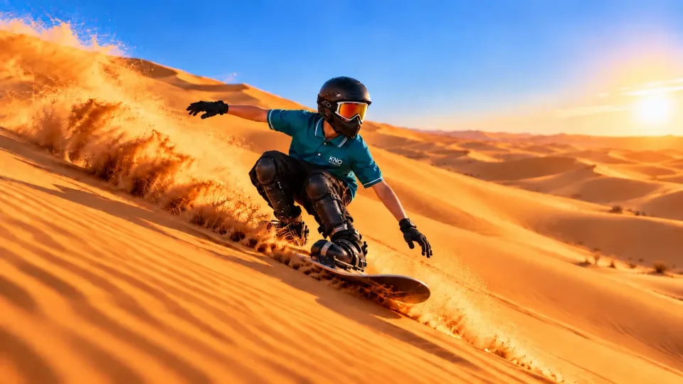 A rider sandboarding down a dune