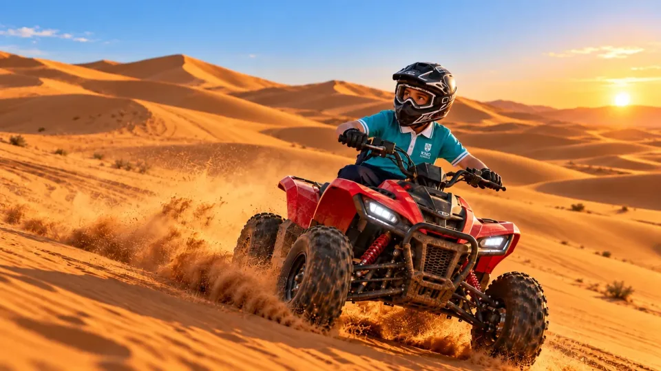 A rider on a red quad bike in the dunes