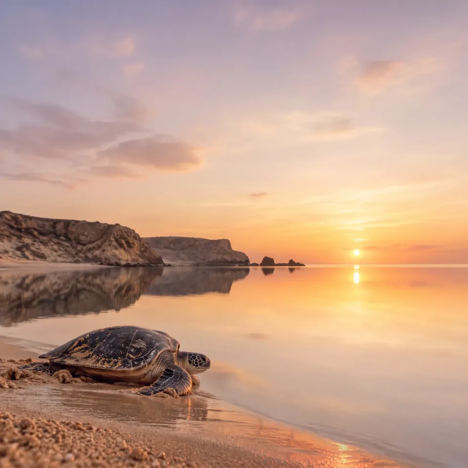 A green turtle on the beach at Ras Al Jinz at sunset