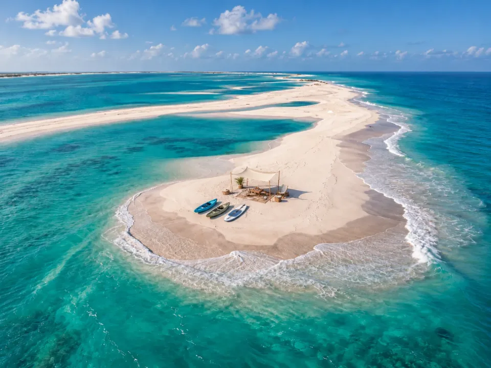 A white sandbar surrounded by turquoise water off Masirah Island
