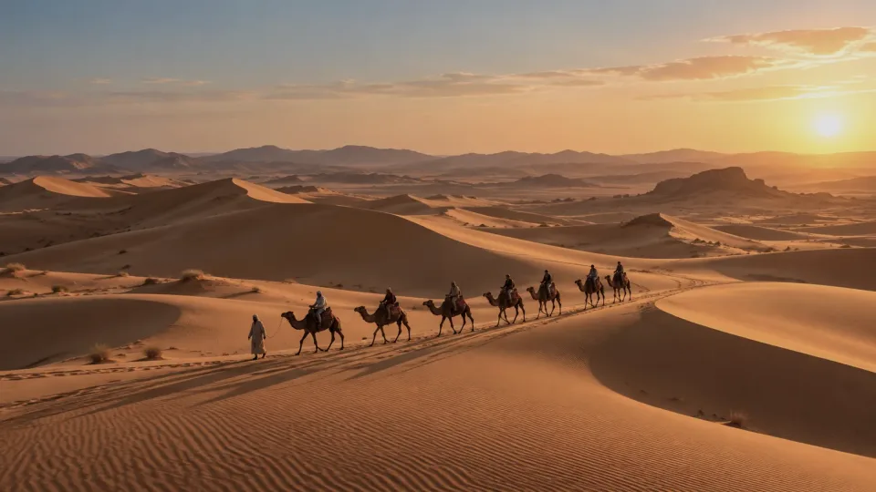 A camel caravan at golden hour